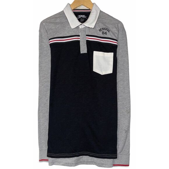 Desigual Men's Sz XXL Black/Gray Colorblock Striped Rugby Pocket Polo Shirt euc - Picture 1 of 9